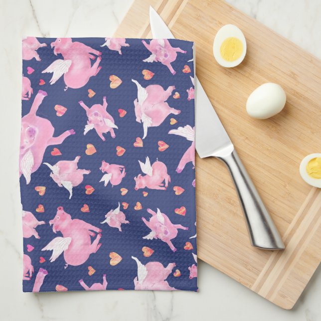 When Pigs Fly Pink W/Hearts Tea Towel (Quarter Fold)