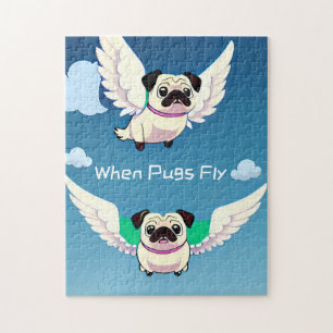 When Pugs Fly Cartoon Pug Puppy Cute Adorable Face Jigsaw Puzzle