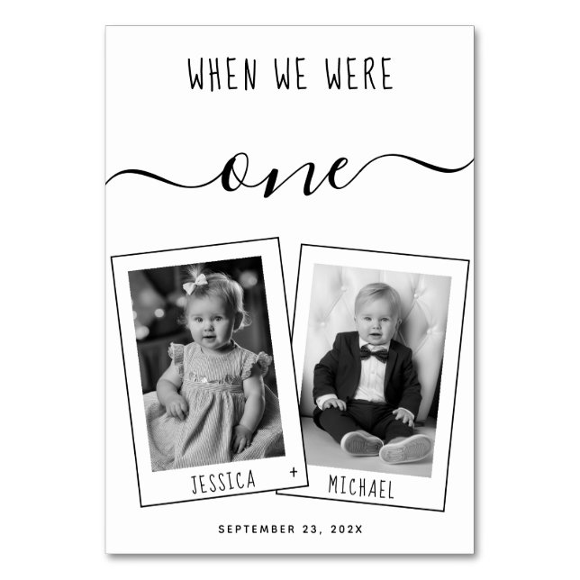 When We Were Age Black & White Kids Photos Wedding Table Number (Front)