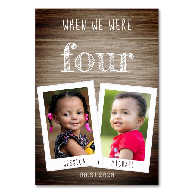 When We Were Age Kids Photos & Names Wood Wedding Table Number (Front)