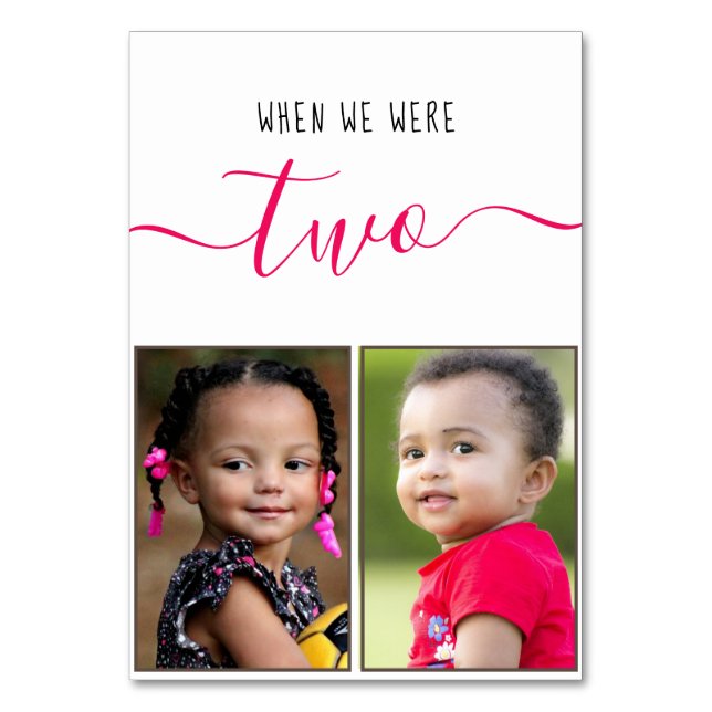 When We Were Two Children Photo Red Script Wedding Table Number (Front)