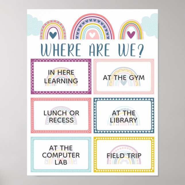 Where Are We Classroom Door Sign in Boho Rainbow (Front)