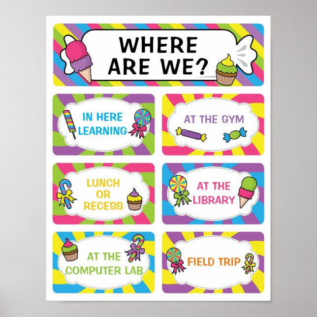 Where Are We Classroom Sign in Candy Theme (Front)