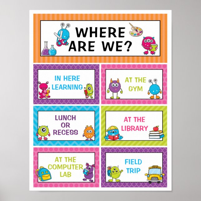 Where Are We Classroom Sign in Cute Monsters Theme (Front)