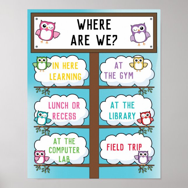 Where Are We Classroom Sign in Cute Owl Theme (Front)