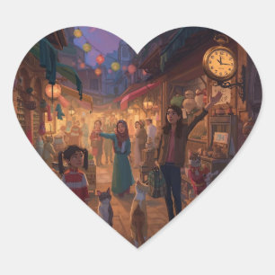Where Cats Wander and Lanterns Glow Heart Sticker