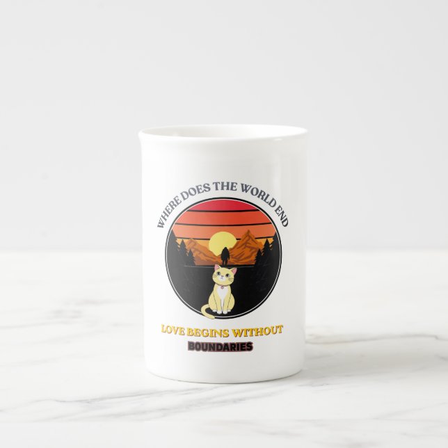 Where Does The World End | Cute Cat Retro Sunset T Bone China Mug (Front)