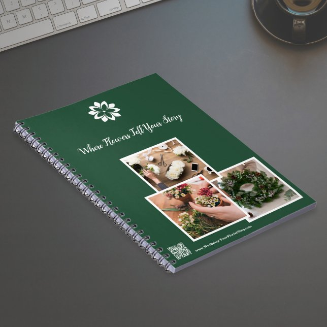 Where Flowers Tell Your Story Florist Workshop Notebook (Where Flowers Tell Your Story Florist Workshop Notebook - Green  - Logo - Tagline - QR code)