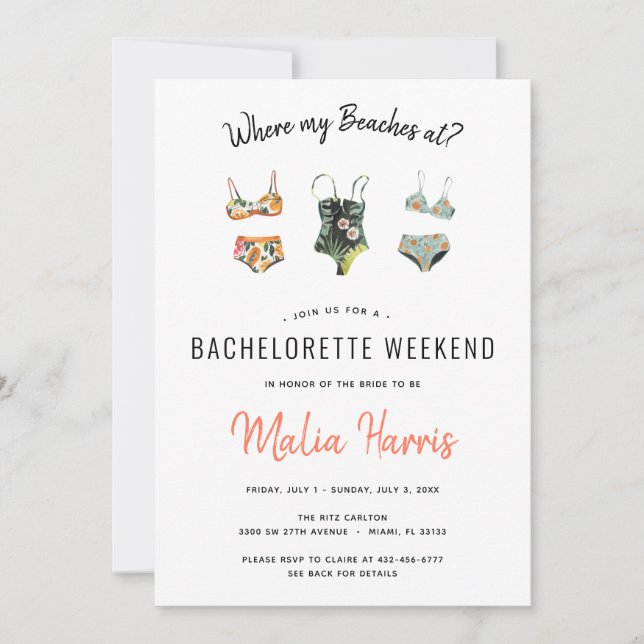 Where my Beaches at? Bachelorette Itinerary Invitation (Front)