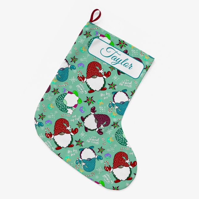 Where My Gnomies At? Holiday Gnome-Sea Foam Green Large Christmas Stocking (Front (Hanging))