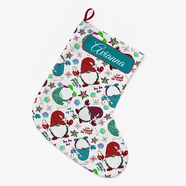 Where My Gnomies At? Holiday Gnome-White Large Christmas Stocking (Front (Hanging))