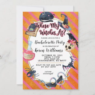 Where My Witches At Halloween Bachelorette Party Invitation