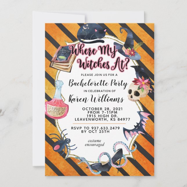 Where My Witches At Halloween Bachelorette Party Invitation (Front)