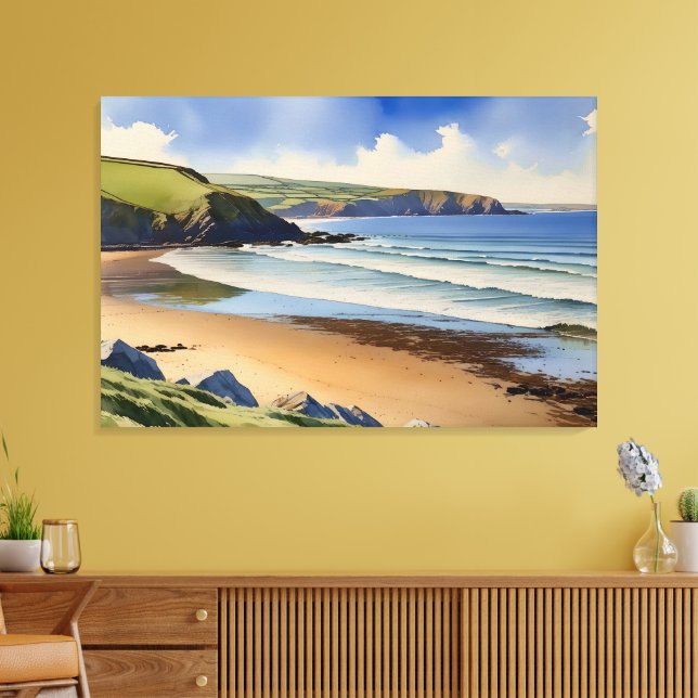 “Where Sky Meets Quiet Sand” – Devon Seascape Canvas Print (Insitu(LivingRoom))