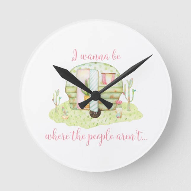 "Where the people aren't" - Retro Camper Caravan Round Clock (Front)