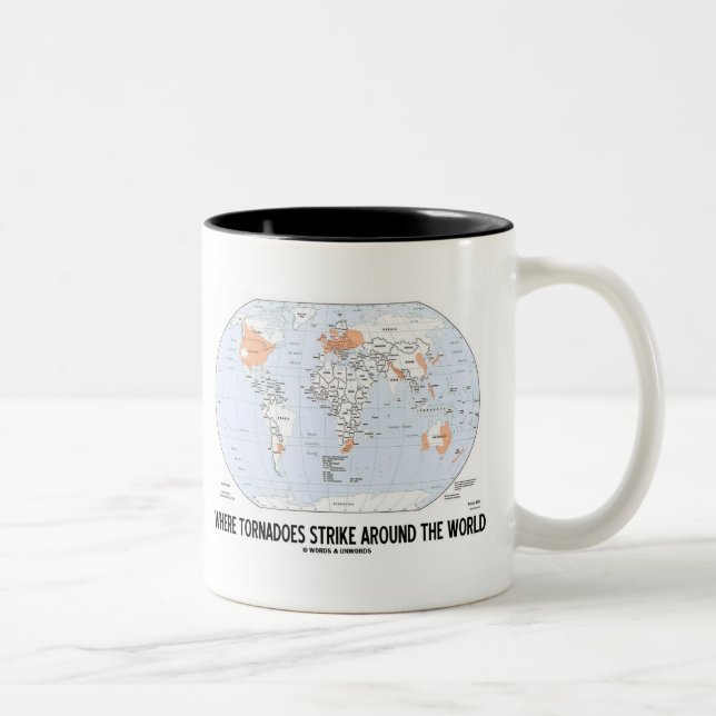 Where Tornadoes Strike Around The World (Map) Two-Tone Coffee Mug (Right)
