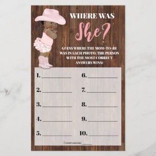 Where was She AA Cowgirl Baby Shower Game Card