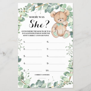 Where was She Bear Greenery Baby Shower Game Card