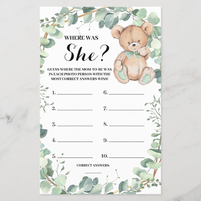 Where was She Bear Greenery Baby Shower Game Card (Front)