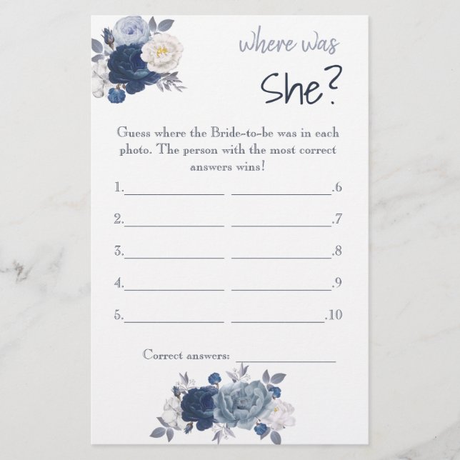 Where was She? Blue Flower Shower Game Card (Front)