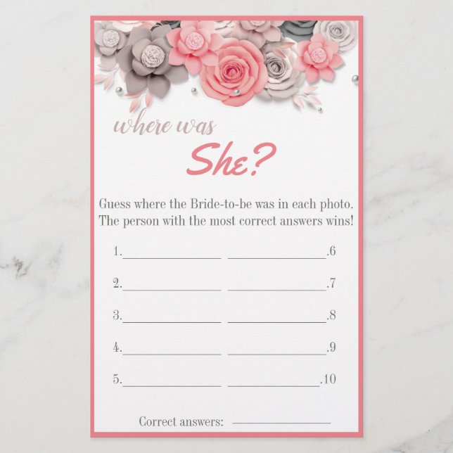 Where was She? Bridal Shower Game Card (Front)