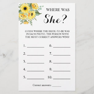 Where was She? Greenery Sunflower Shower Game Card