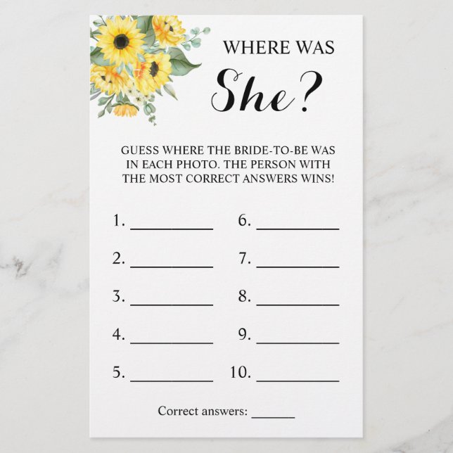 Where was She? Greenery Sunflower Shower Game Card (Front)