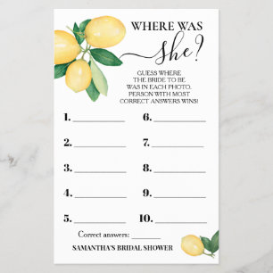 Where was She Lemons Bridal Shower Game card