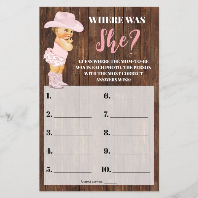 Where was She Pink Cowgirl Baby Shower Game Card (Front)