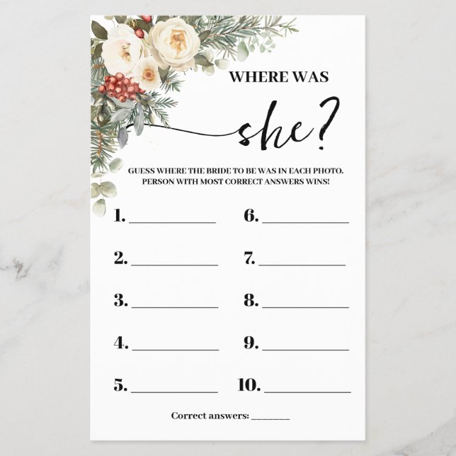 Where was She Winter Bridal Shower Game Card (Front)