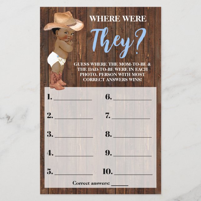 Where Were They AA Cowboy Baby Shower Game Card (Front)