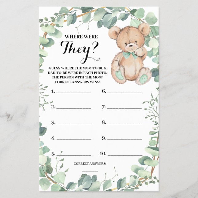 Where were They Bear Greenery Shower Game Card (Front)