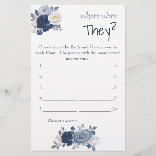 Where were They? Blue Flowers Shower Game Card (Front)