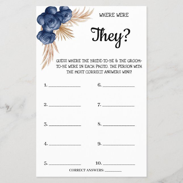 Where were They BlueFlower Bridal Shower Game Card (Front)