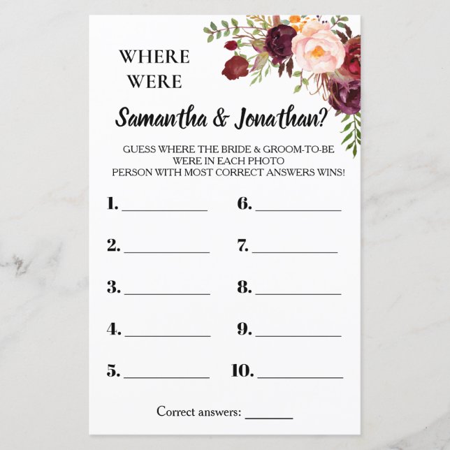 Where were they bridal shower english spanish game (Front)