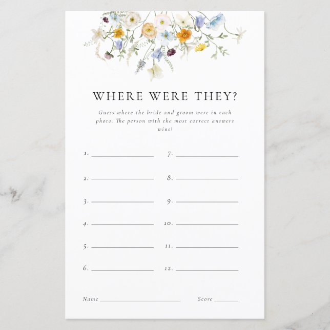 Where Were They Bridal Shower Game (Front)