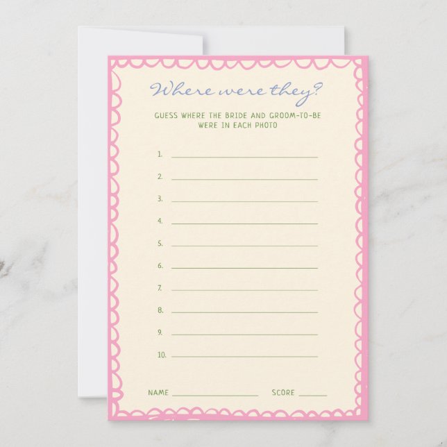 Where were they Bridal Shower Game Card (Front)