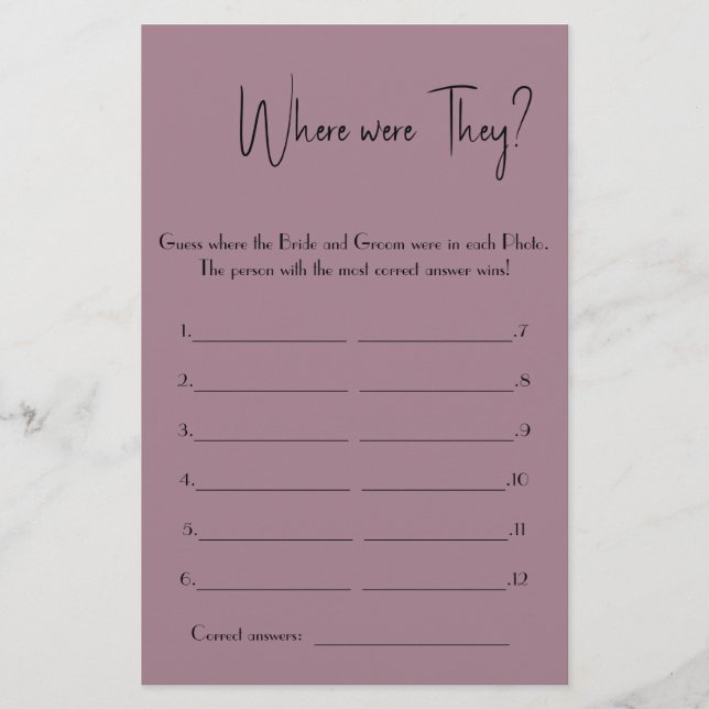 Where Were They? Bridal Shower Game Card Flyer (Front)