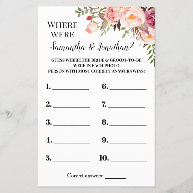 Where were they Bridal Shower Pink Game Card (Front)