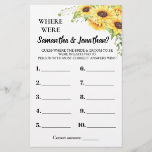 Where were They Bridal Shower Sunflowers Game Card
