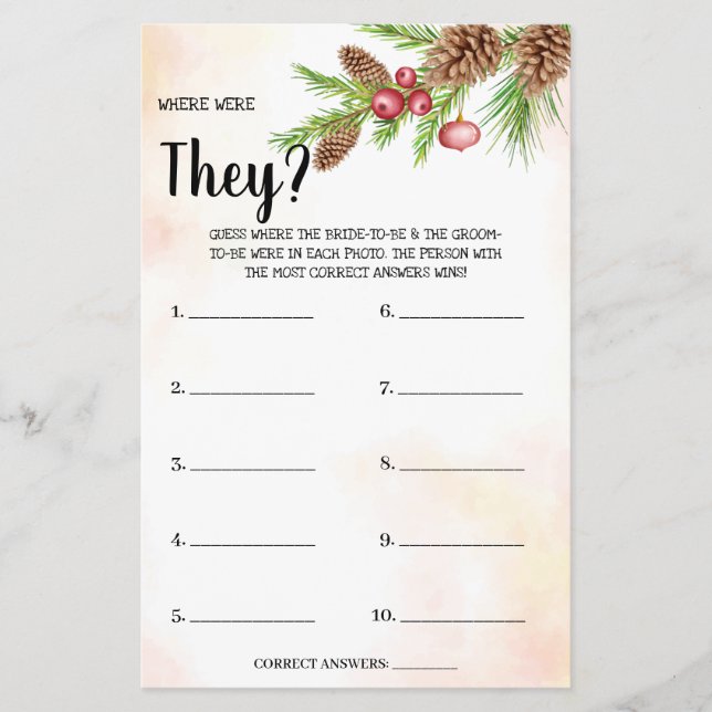 Where were They Christmas Bridal Shower Game Card (Front)