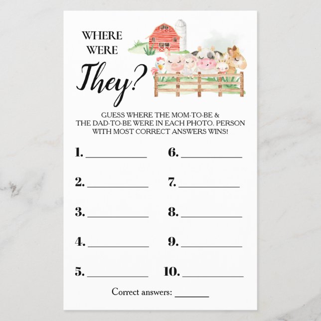 Where were They Farm Baby Shower Game Card (Front)