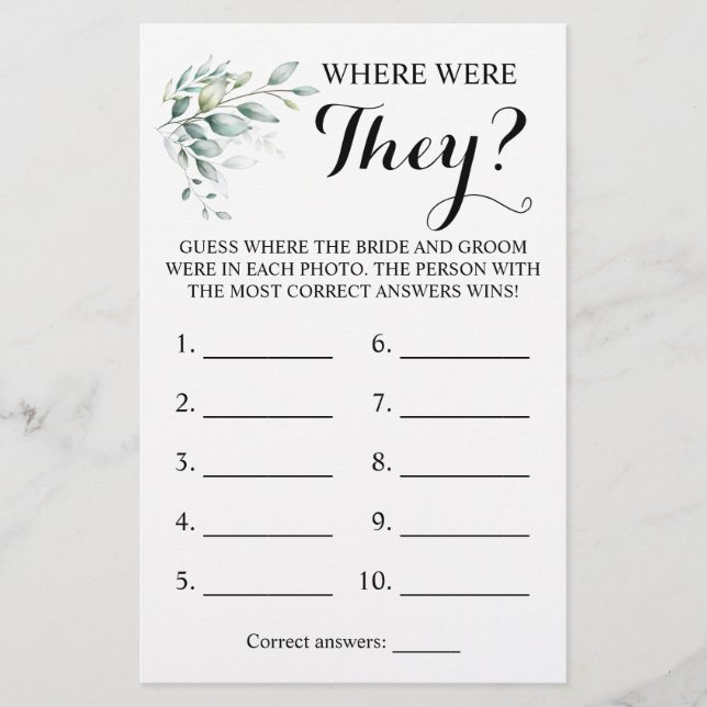 Where were They? Greenery Eucalyptus Game Card (Front)