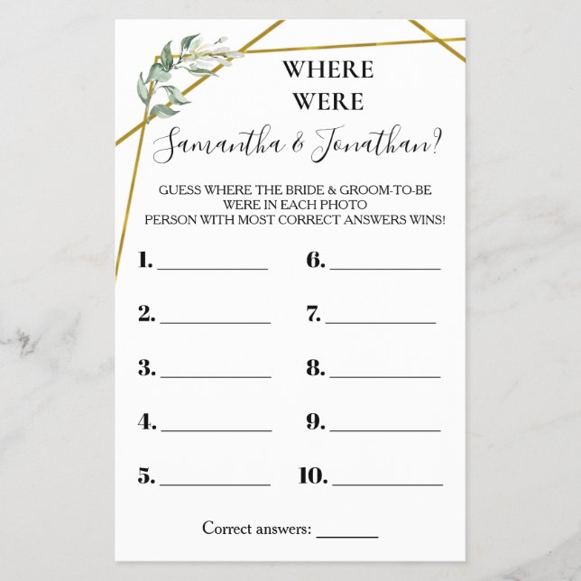 Where were They Greenery Gold shower card (Front)