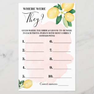 Where were They Lemon Pink Bridal Shower Game Card