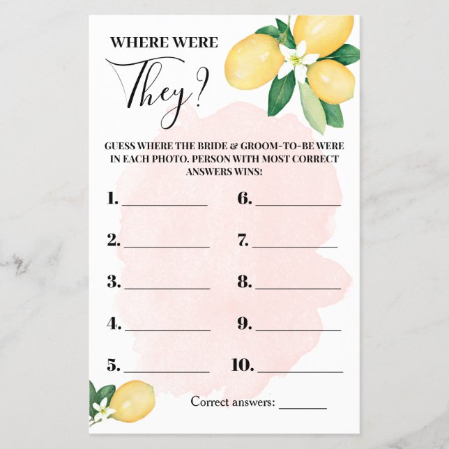 Where were They Lemon Pink Bridal Shower Game Card (Front)