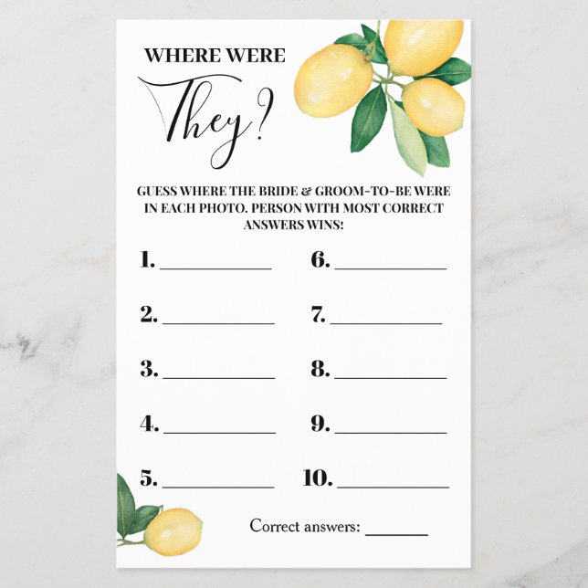 Where were They Lemons Bridal Shower Game Card (Front)