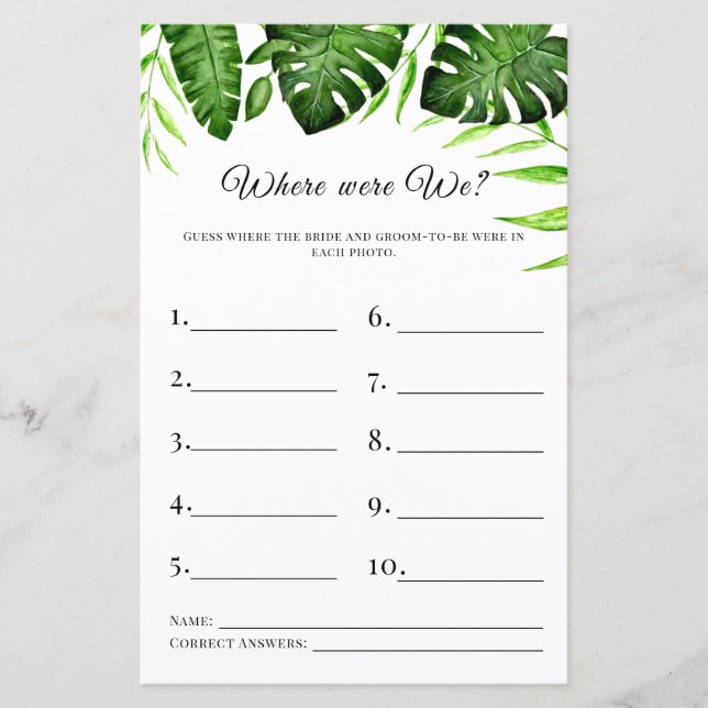 Where were We Bridal Shower Game Tropical Greenery (Front)