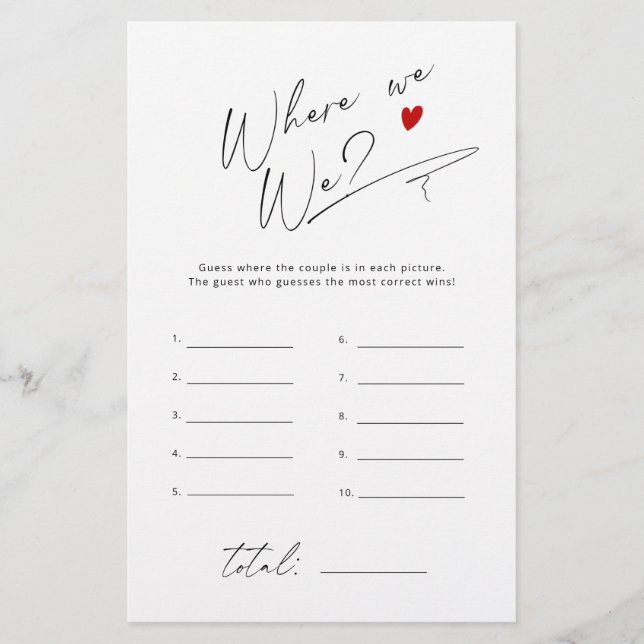 Where were we Simple script bridal shower game (Front)