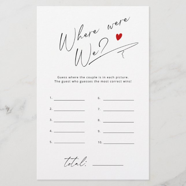 Where were we Simple script bridal shower game (Front)